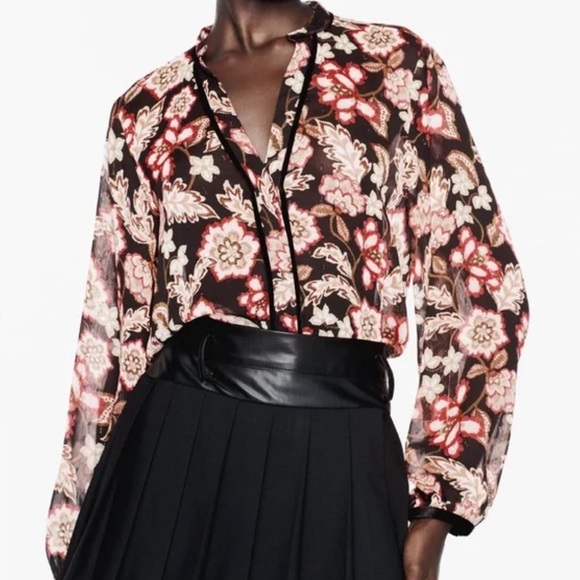 Zara Tops - Zara Black and Red Sheer Floral Blouse